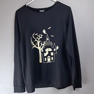 Feeling‎ Festive Halloween Sweatshirt Haunted House Ghosts Bats Black XL